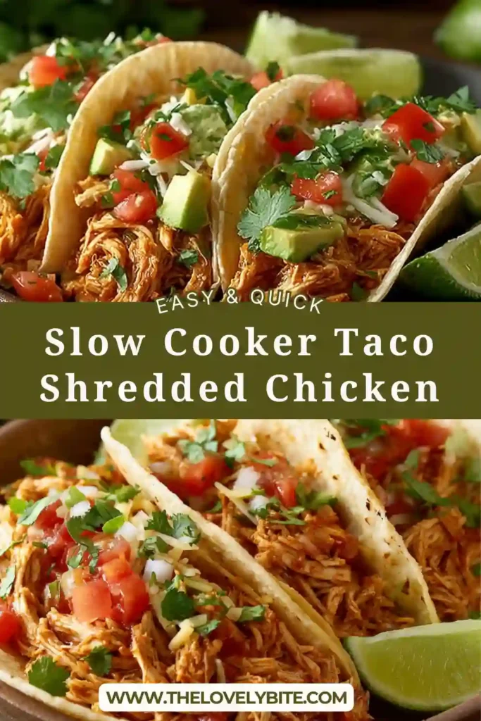 Close-up of Slow Cooker Taco Shredded Chicken with moist, seasoned strands of chicken tossed in cooking juices. This low sodium shredded chicken is ideal for easy weeknight meals and meal prep.