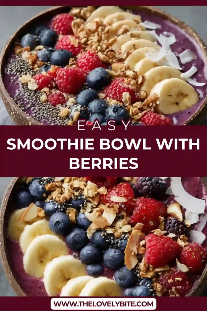 A thick smoothie bowl recipe made with frozen berries and banana, topped with granola, chia seeds, and peanut butter in a bowl.
