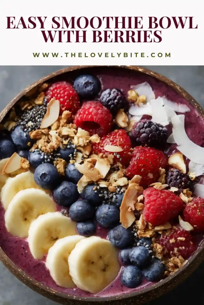 Healthy smoothie bowl recipe with vibrant berries, crunchy granola, and creamy peanut butter drizzle.