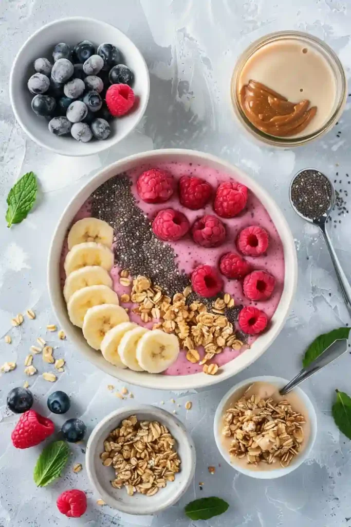 Homemade smoothie bowl recipe featuring frozen fruit blend and nutritious toppings.