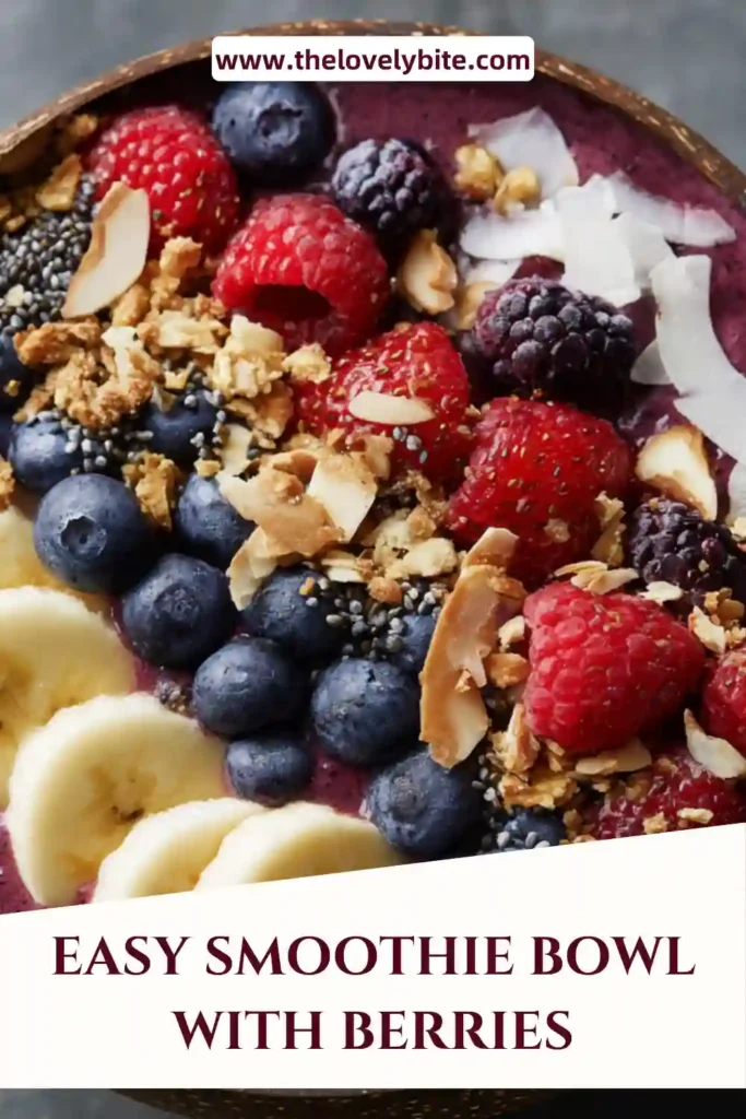 Close-up of a berry smoothie bowl recipe with fresh toppings and rich texture.