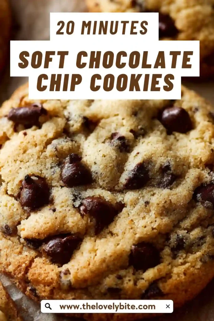 Freshly baked soft chocolate chip cookies cooling on a baking sheet with visible chocolate chips and chunks. The cookies have a puffy texture and a warm homemade appearance.