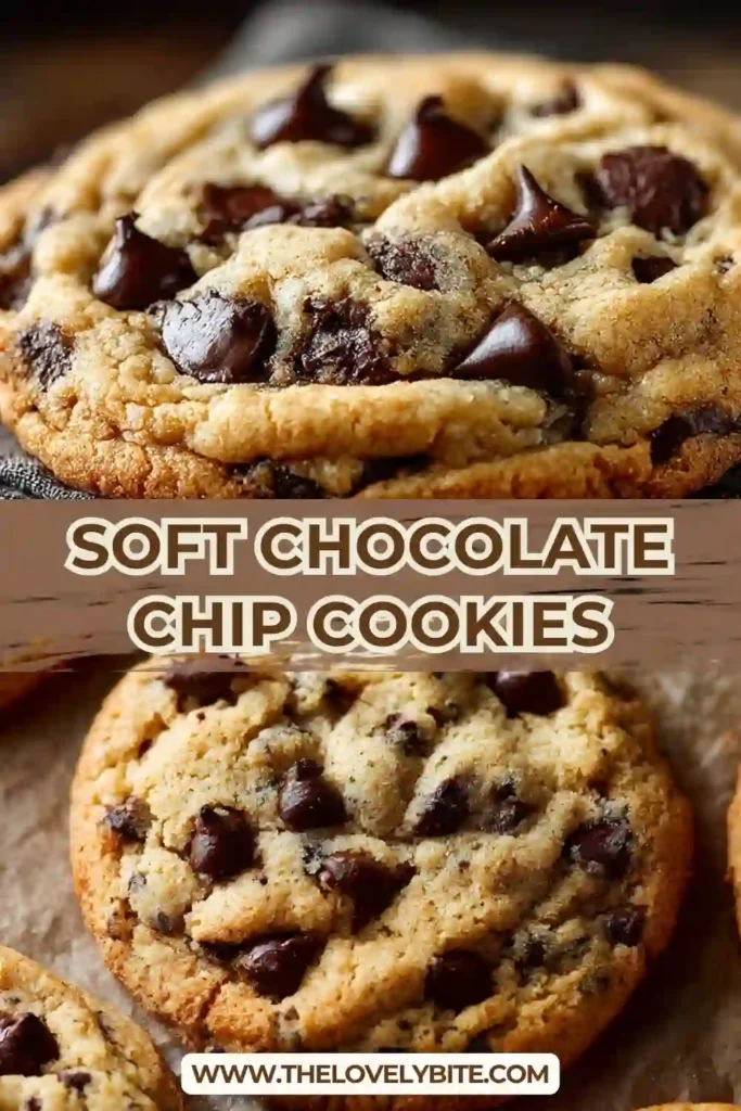 Close-up of soft chocolate chip cookies stacked on a plate with rich melted chocolate and a chewy center. This easy cookie recipe creates a bakery-style dessert with a comforting look.