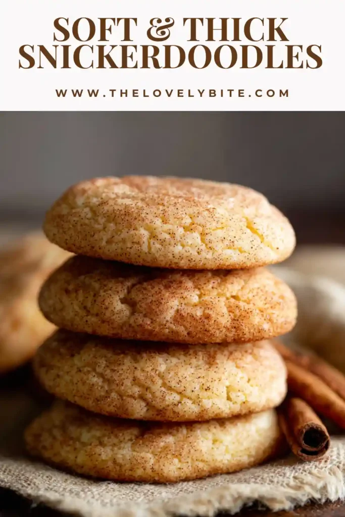 Close-up of Soft & Thick Snickerdoodles showing their chewy texture and crackled cinnamon tops. Perfect homemade cookies.