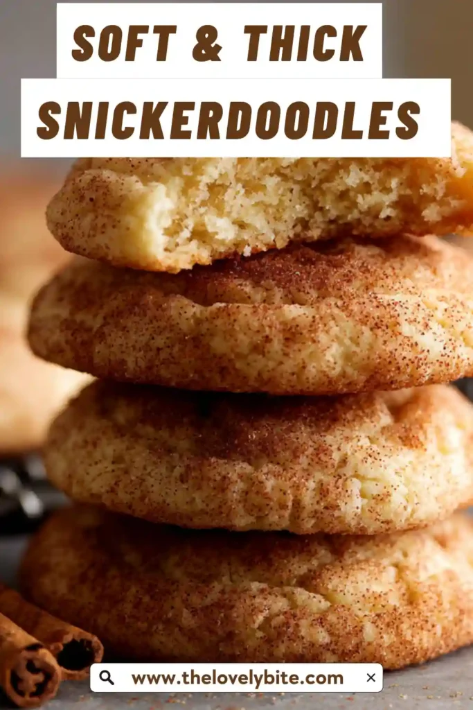 Fresh Soft & Thick Snickerdoodles cooling on a rack with a light dusting of cinnamon sugar. Warm and fluffy texture.