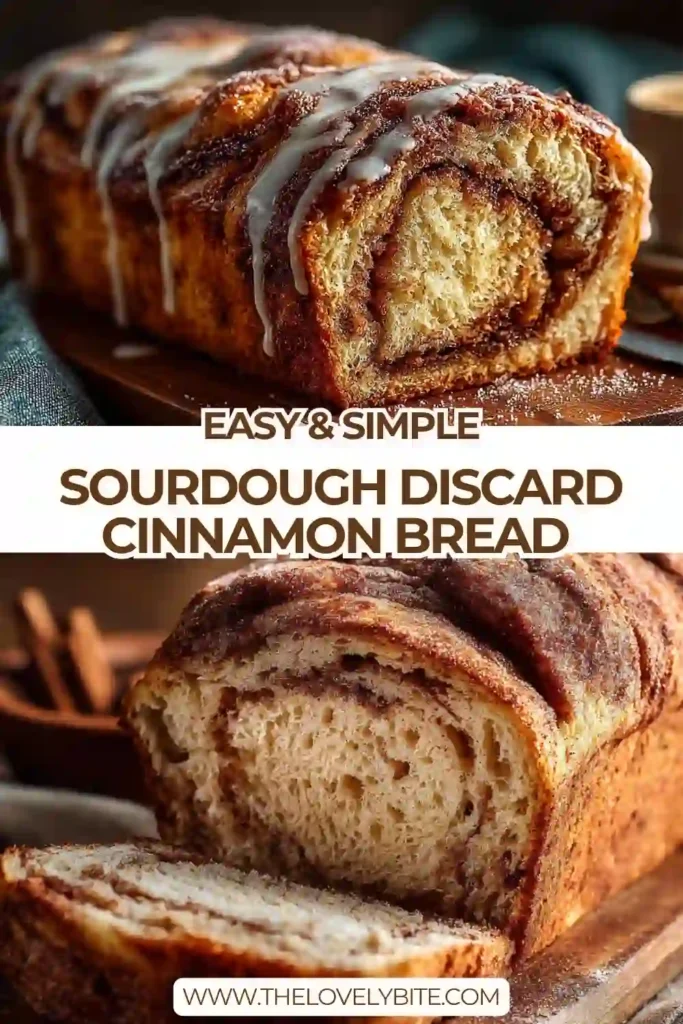 A sliced loaf of Sourdough Discard Cinnamon Bread served on a wooden board, showing the soft crumb and sweet cinnamon swirl inside. This homemade cinnamon bread looks moist, tender, and perfect for breakfast or an afternoon snack.