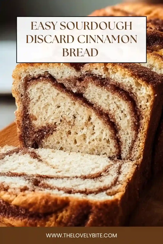 Close-up of Sourdough Discard Cinnamon Bread slices with visible cinnamon swirl and brown sugar filling. This easy sourdough discard bread has a tender crumb and warm bakery-style appeal.