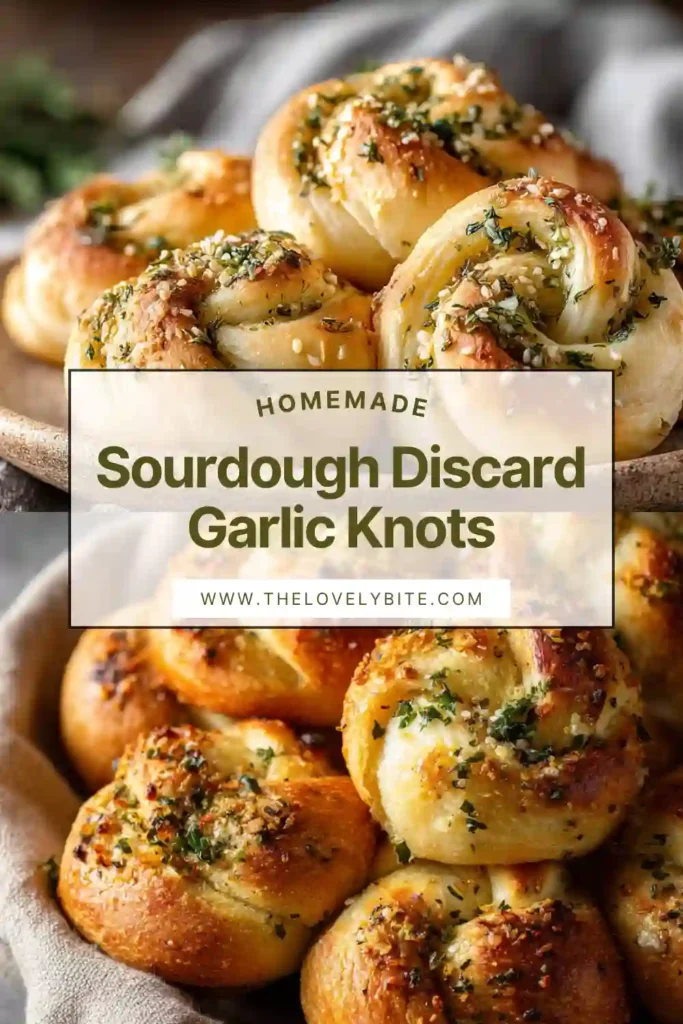 Freshly baked sourdough discard garlic knots brushed with garlic butter and parsley. They are golden, soft, and fluffy.