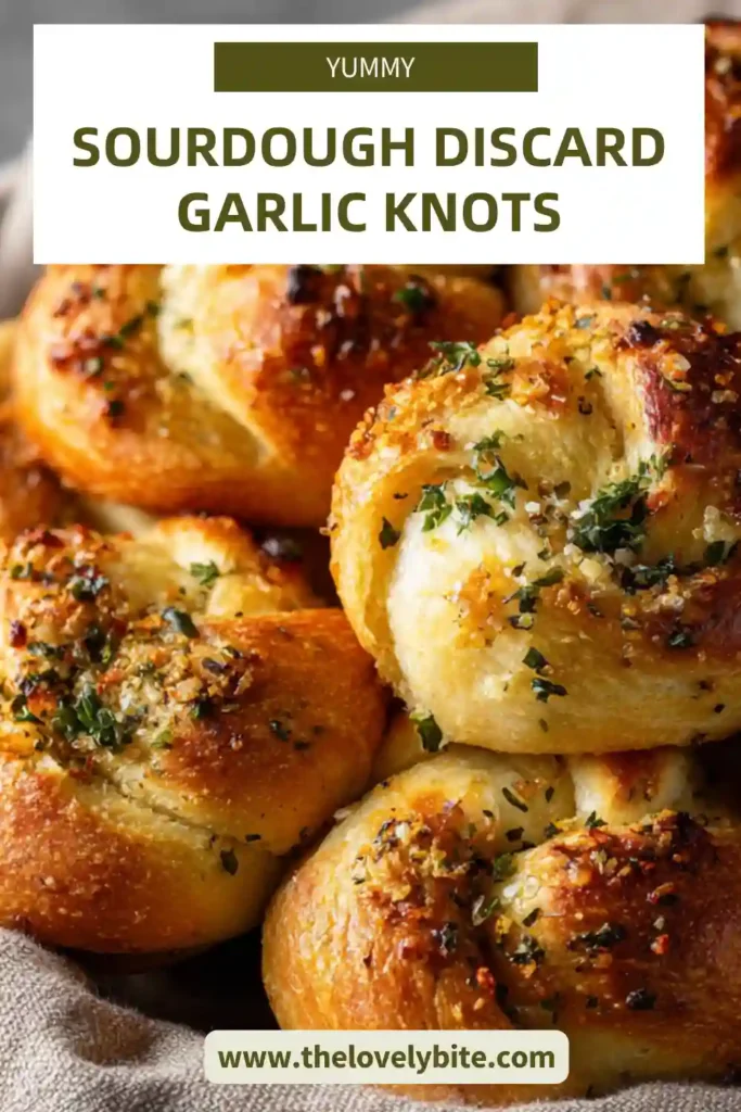 Close-up of sourdough discard garlic knots with melted garlic butter glaze and soft interior.
