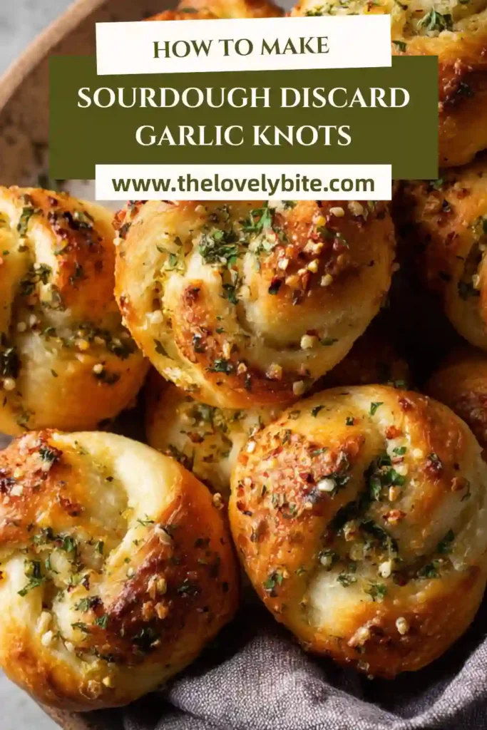 Plate of homemade garlic knots made from sourdough discard with herbs and butter coating.