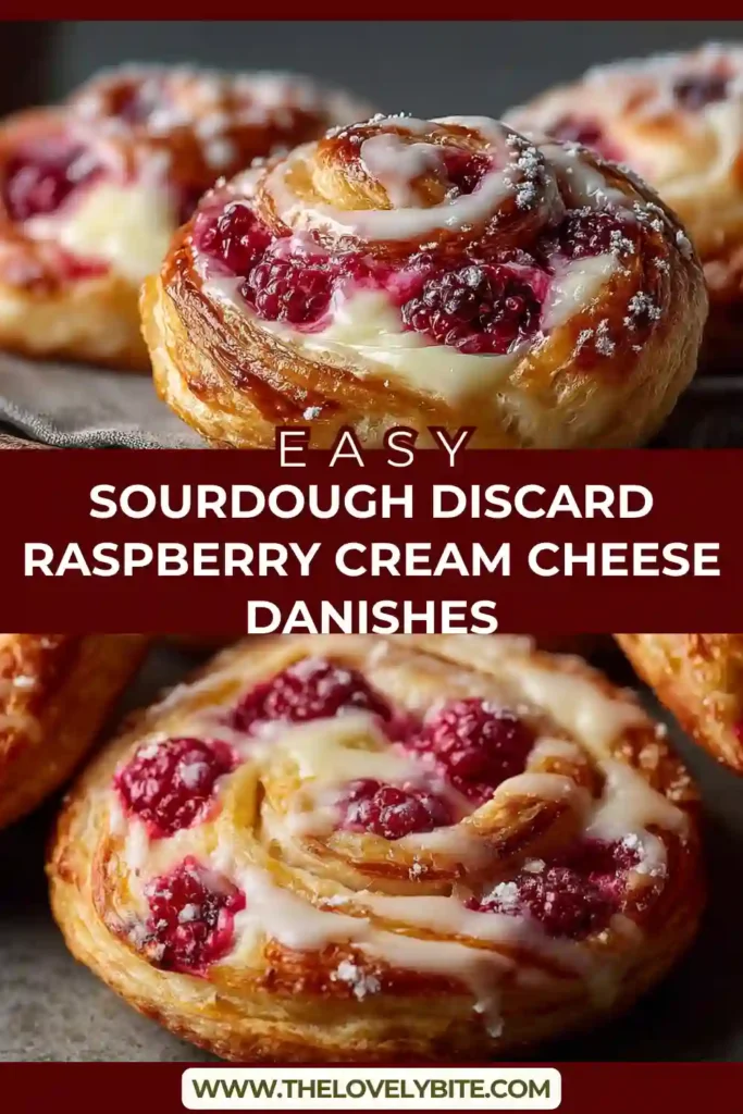 Freshly baked sourdough discard raspberry cream cheese danishes with golden edges and glossy raspberry topping. The pastries look soft and fluffy with creamy centers.
