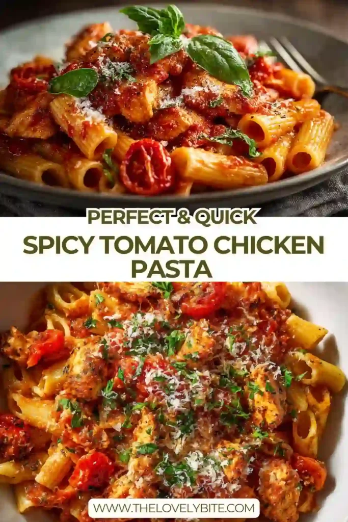 A bowl of spicy tomato chicken pasta topped with fresh basil and grated Parmesan, featuring tender chicken pieces in rich red sauce.