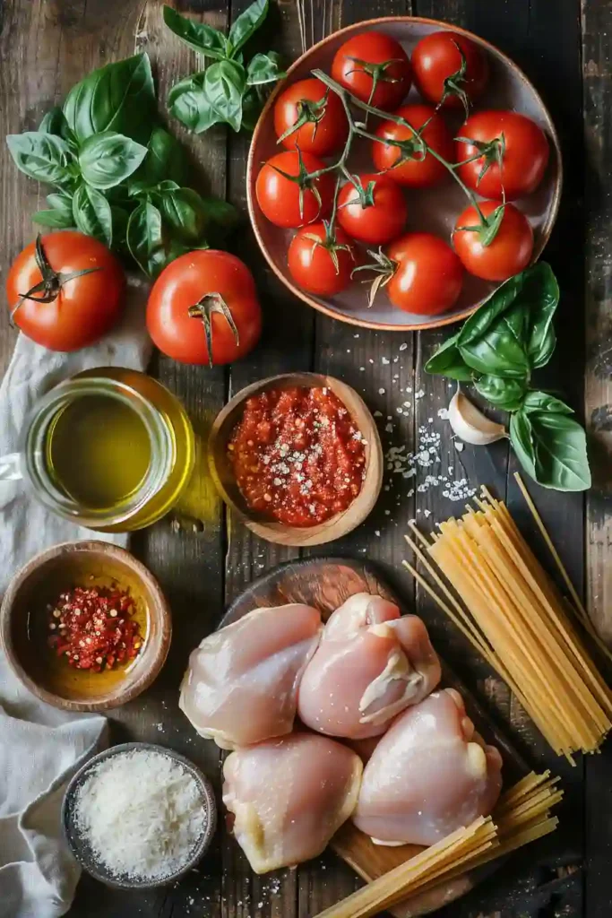 Italian-style spicy tomato chicken pasta with penne and flavorful tomato sauce in a rustic bowl.