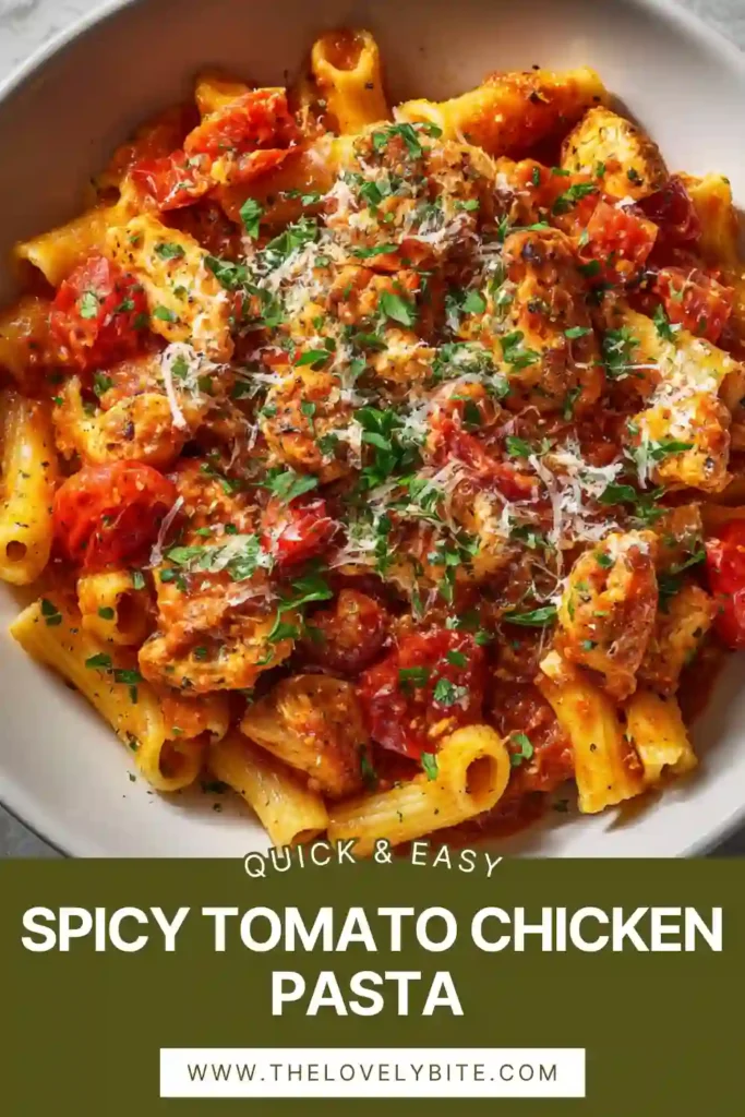 Close-up of spicy tomato chicken pasta with garlic, chili flakes, and juicy chicken in a thick tomato sauce.