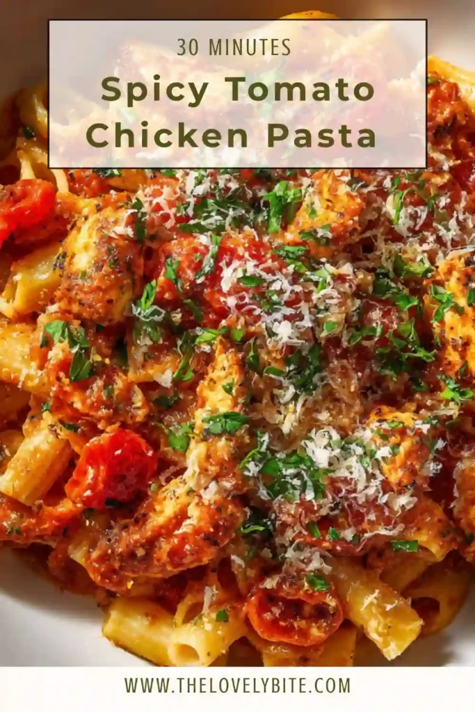 Homemade spicy tomato chicken pasta served warm with herbs and cheese, highlighting vibrant sauce texture.