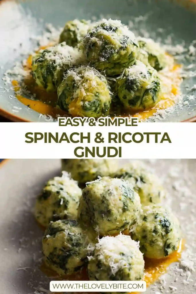 Bowl of Italian Spinach & Ricotta Gnudi garnished with parmesan and herbs. The dish looks rich, warm, and inviting.