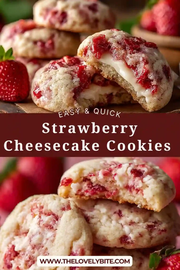 Soft strawberry cheesecake cookies with creamy centers and visible strawberry jam swirls on a cooling rack.