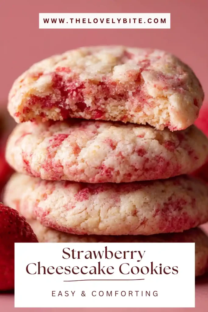 Close-up of strawberry cheesecake cookies showing stuffed cream cheese filling and golden edges.