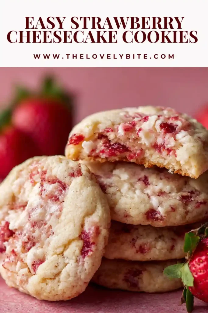 Homemade strawberry cheesecake cookies stacked with fresh strawberry jam texture visible.