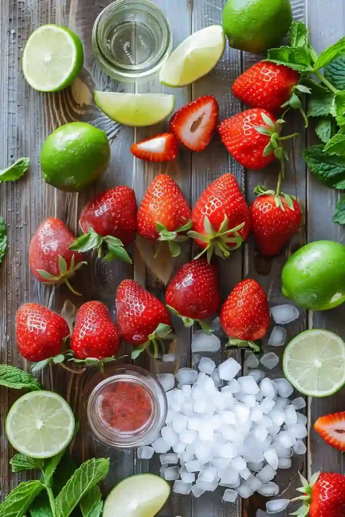 A glass of Strawberry Mojito Mocktail filled with fresh strawberries, mint leaves, and crushed ice, topped with soda water. The drink looks refreshing and vibrant.