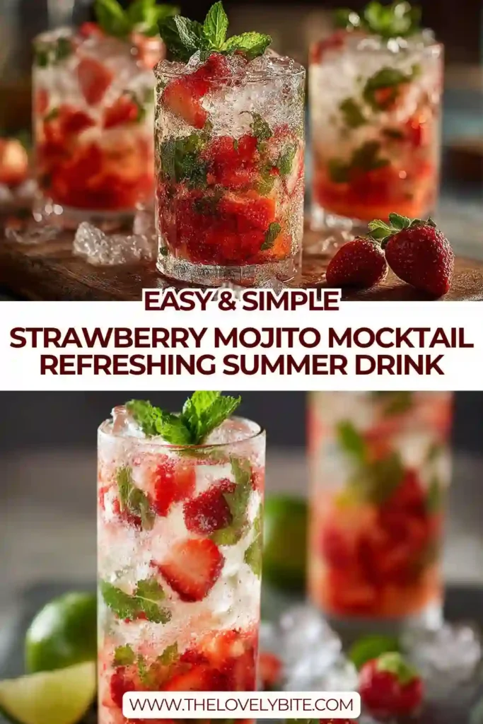 Close-up of a Strawberry Mojito Mocktail showing muddled strawberries, mint, and lime in a chilled glass. Perfect summer mocktail presentation.