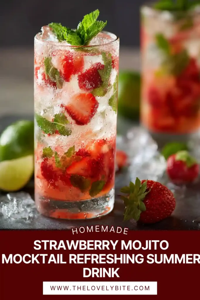 Strawberry Mojito Mocktail served in a tall glass with ice, fresh mint garnish, and visible strawberry pieces. Bright and refreshing beverage.