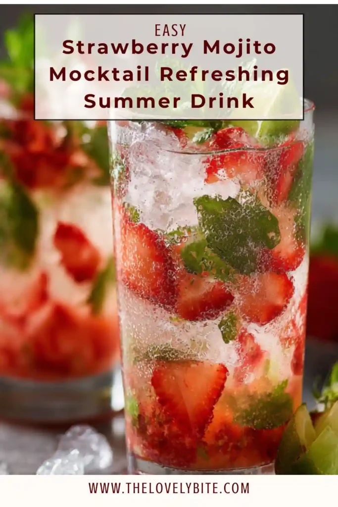 Freshly made Strawberry Mojito Mocktail with fizzy soda bubbles, crushed ice, and mint sprig garnish. Ideal alcohol-free summer drink.