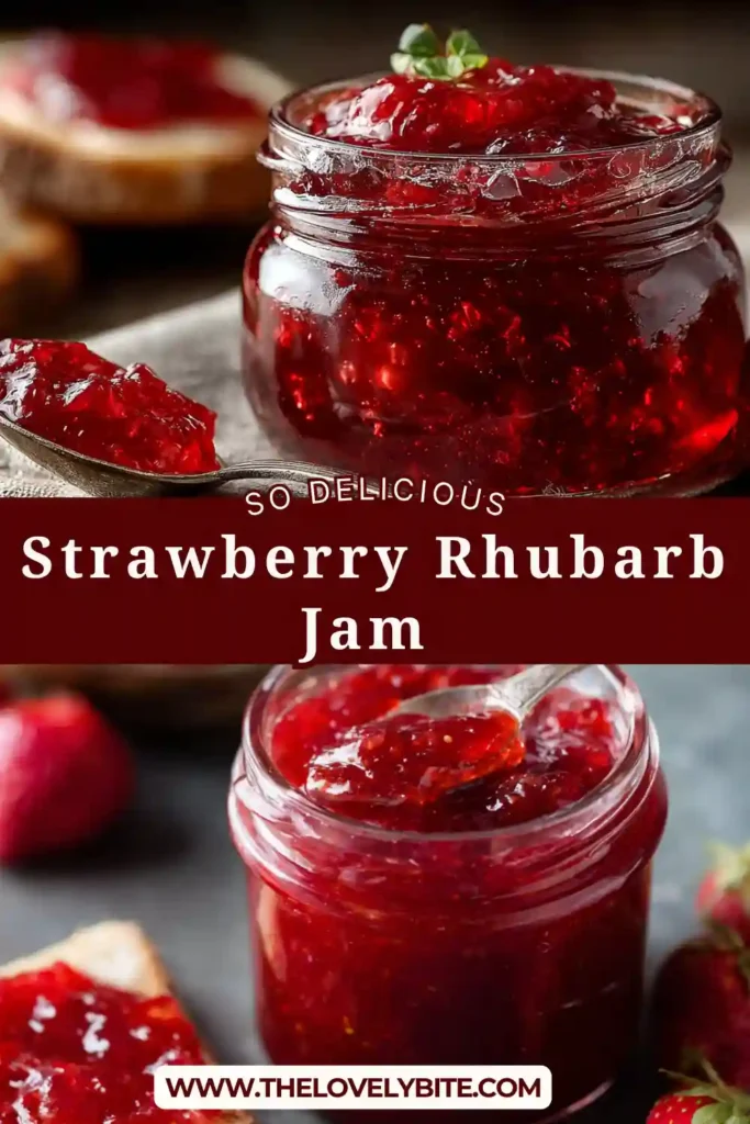 A jar of Strawberry Rhubarb Jam with vibrant red color and visible fruit pieces, perfect for spreading on toast or pastries.