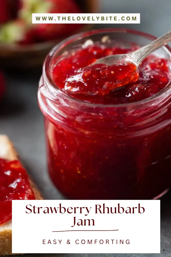 Homemade Strawberry Rhubarb Jam in glass jars, showcasing thick texture and fresh fruit ingredients.