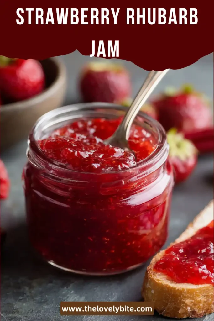 Close-up of Strawberry Rhubarb Jam on a spoon, highlighting its glossy texture and rich consistency.