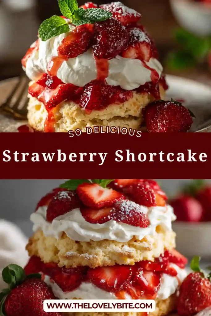 A close-up of strawberry shortcake with flaky biscuits, fresh strawberries, and whipped cream layered beautifully on a plate.