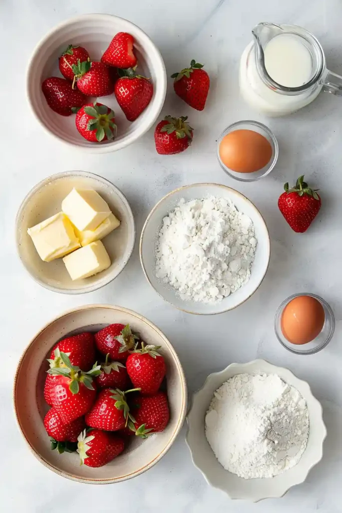 Freshly baked strawberry shortcake assembled with layers of cream and sweet strawberry topping.