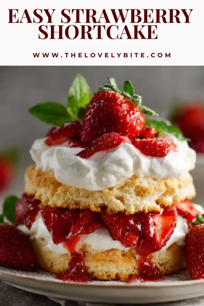 Homemade strawberry shortcake featuring golden biscuits topped with juicy strawberries and soft whipped cream.