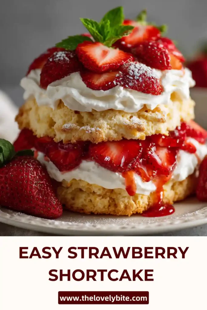 Classic strawberry shortcake dessert with fluffy biscuits, rich cream, and vibrant red strawberries.