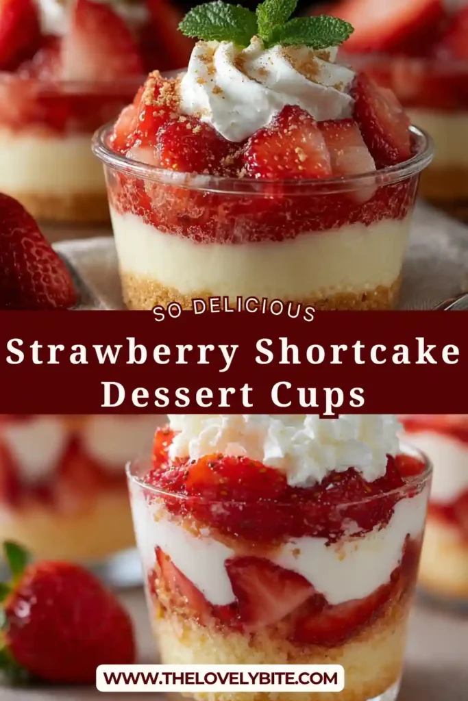 Strawberry Shortcake Dessert Cups layered with creamy cheesecake pudding, fresh strawberries, and cookie crumbs in clear serving cups. The dessert looks light, fresh, and perfect for summer.