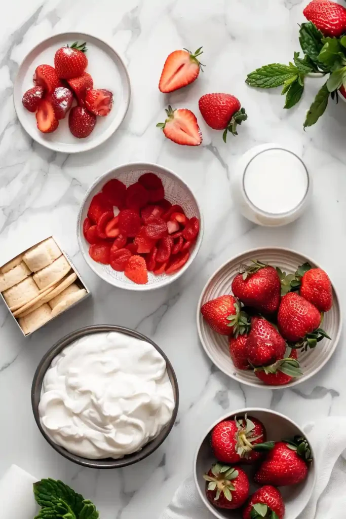 Strawberry Shortcake Dessert Cups with whipped topping and fresh strawberries, showcasing a simple and elegant no-bake dessert option.
