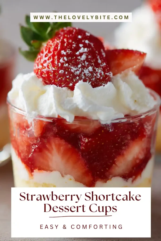 Close-up of Strawberry Shortcake Dessert Cups showing layers of strawberries, pudding, and crushed cookies topped with whipped cream. A visually appealing no-bake dessert.