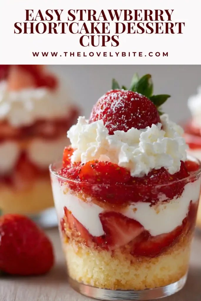 Individual Strawberry Shortcake Dessert Cups arranged on a table, highlighting their colorful layers and creamy texture. Perfect for parties and gatherings.