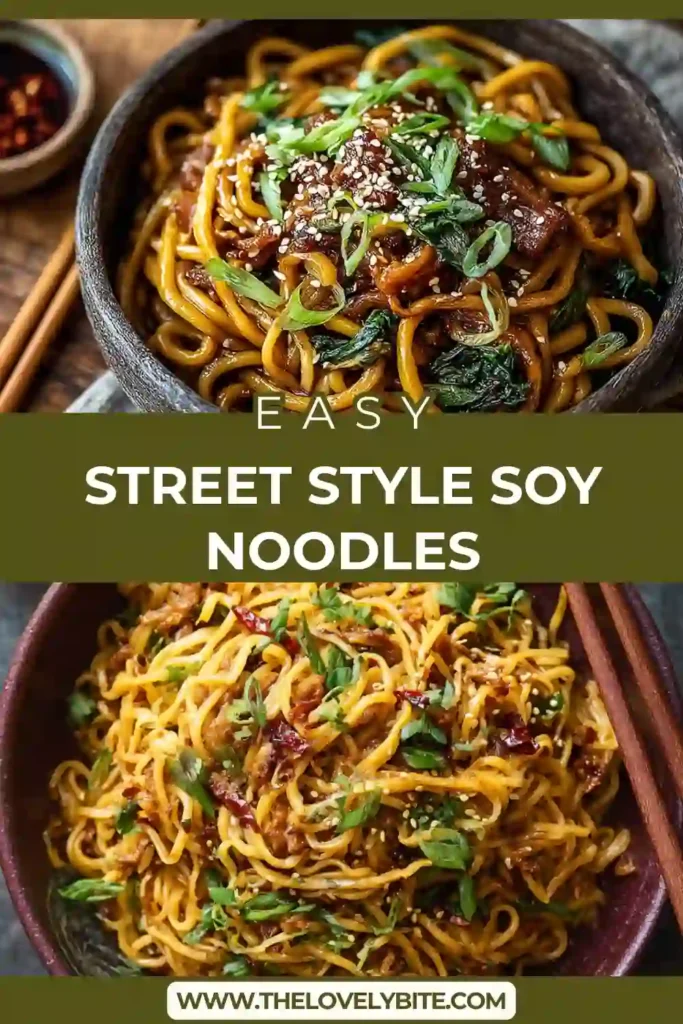 A bowl of Street Style Soy Noodles with chicken, cabbage, and carrots tossed in a glossy soy sauce, topped with sesame seeds and spring onions. The noodles look rich, savory, and freshly cooked.