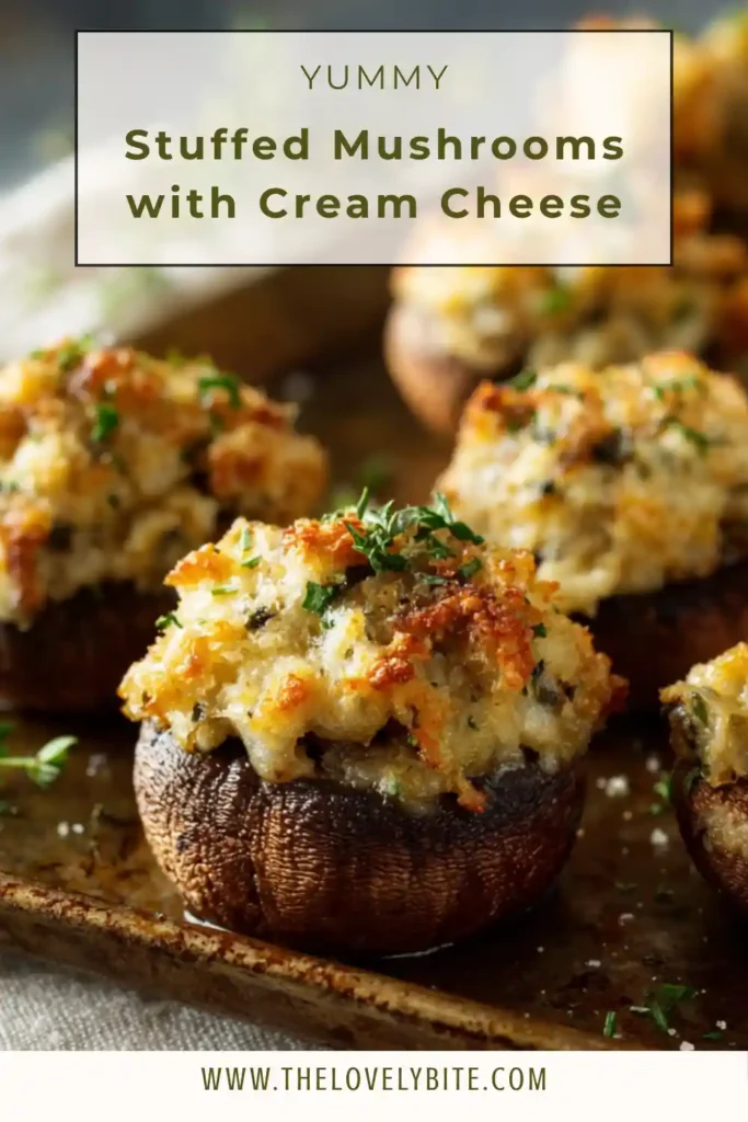 Freshly baked stuffed mushrooms arranged on a tray with golden tops and rich creamy filling. Ideal for gatherings.