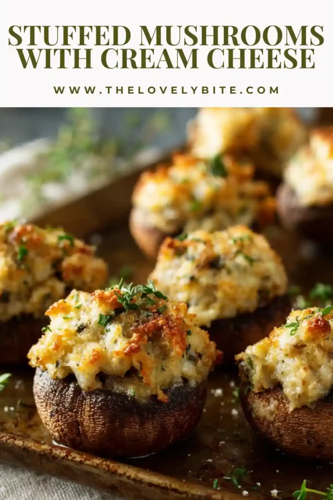 Close-up of baked stuffed mushrooms with creamy filling and Parmesan topping. Perfect party appetizer dish.