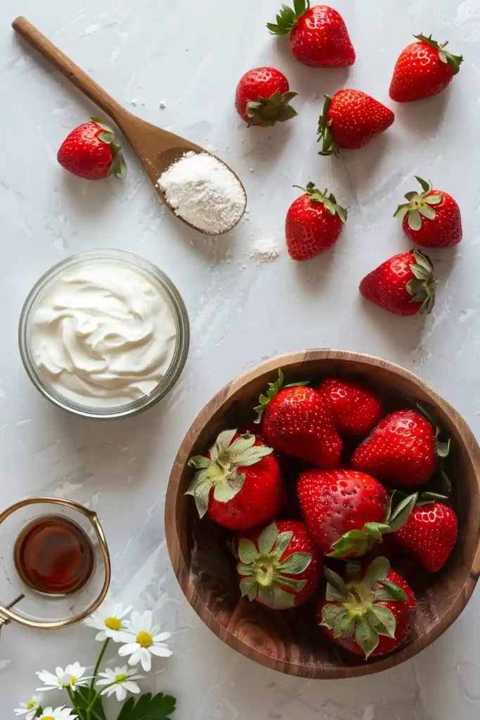 A bowl of sugar free strawberry yogurt made with fresh strawberries and creamy Greek yogurt, styled as a healthy snack option.