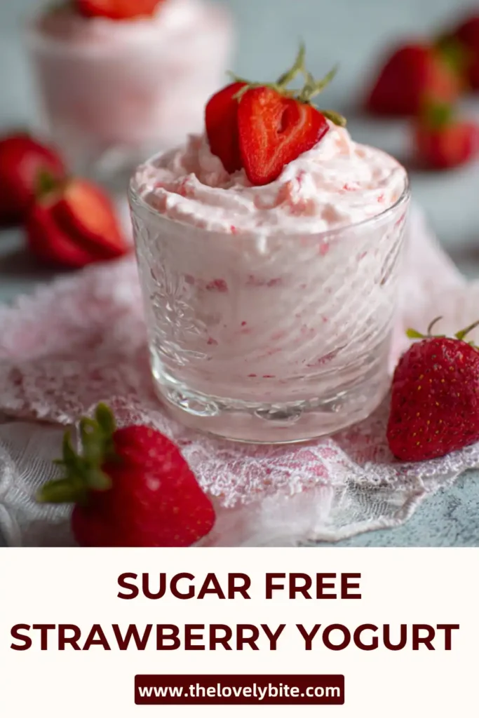 Close-up of homemade sugar free strawberry yogurt with vibrant strawberry swirls and smooth texture.