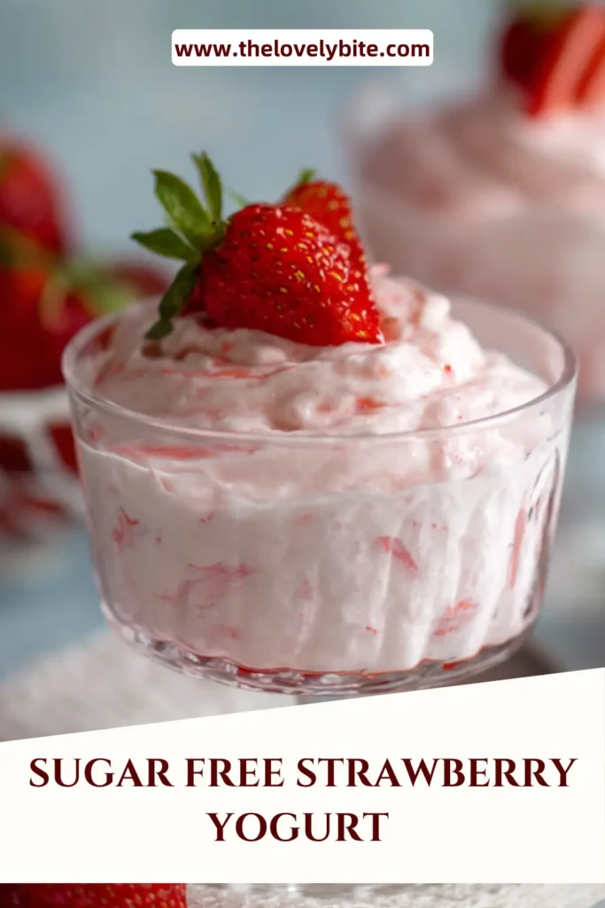 Healthy sugar free strawberry yogurt recipe served in a glass jar topped with fresh berries.