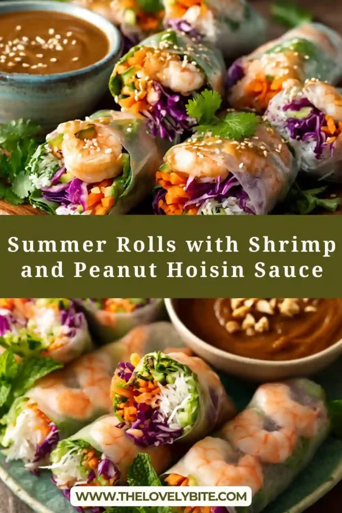 Fresh summer rolls with shrimp arranged on a plate with visible layers of shrimp, avocado, cabbage, and carrots inside soft rice paper. A small bowl of peanut hoisin dipping sauce sits beside the rolls for serving.