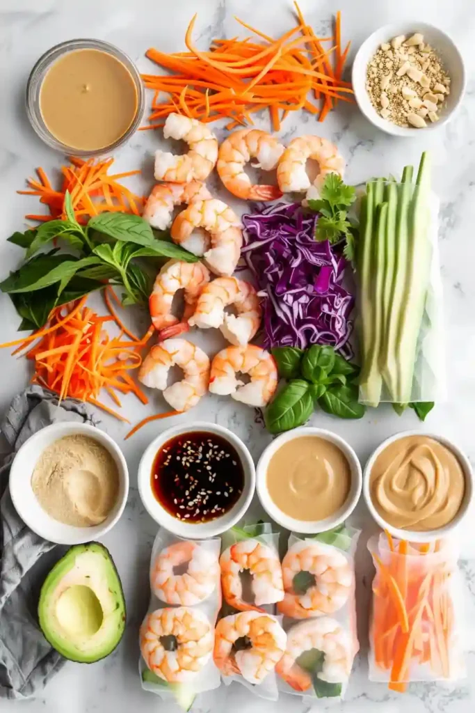 A platter of summer rolls with shrimp made with rice paper wrappers, avocado, shredded carrots, red cabbage, basil, mint, and cilantro. The fresh rolls are served with a creamy peanut hoisin dipping sauce for a colorful and healthy appetizer.