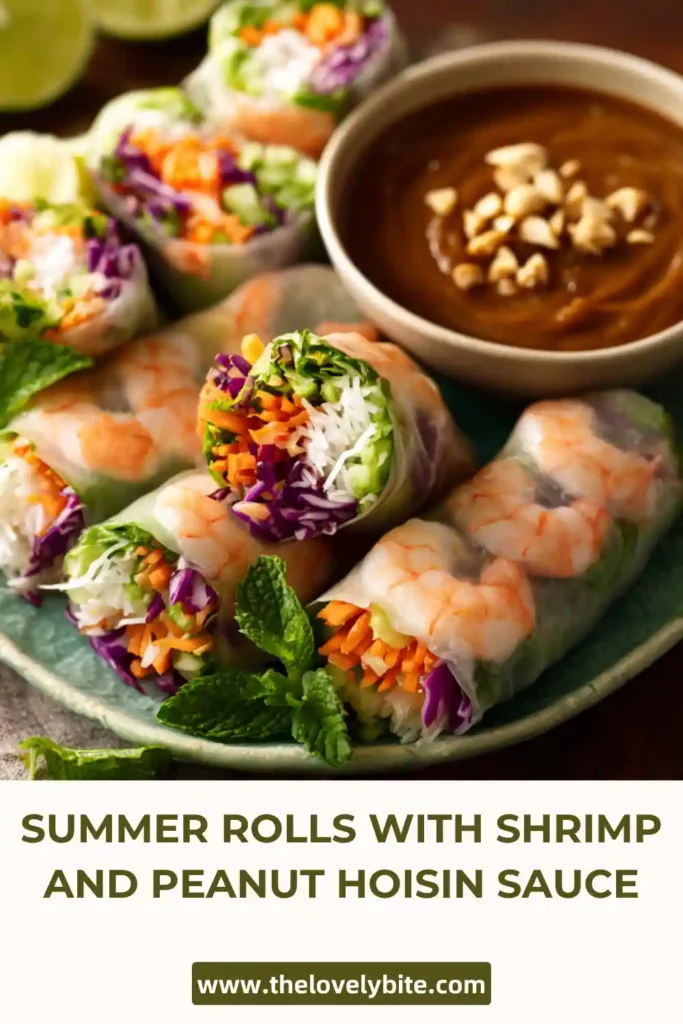 These summer rolls with shrimp feature vibrant vegetables, fresh herbs, and creamy avocado wrapped in delicate rice paper. The peanut hoisin dipping sauce adds a rich, savory finish to this light Vietnamese-inspired recipe.
