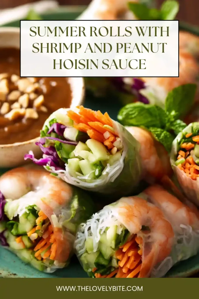 A close-up of homemade shrimp summer rolls filled with red cabbage, shredded carrot, avocado, mint, basil, and cilantro. The rolls are served fresh with smooth peanut hoisin dipping sauce on the side.