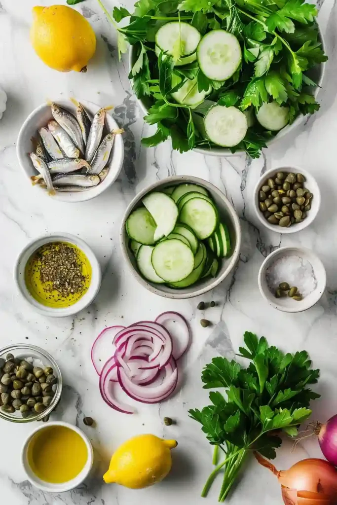 A plate of Summer Sardine Salad made with fresh salad leaves, sliced cucumber, red onion, parsley, and sardines in a lemon mustard dressing. This healthy sardine salad looks light, colorful, and perfect for a quick Mediterranean-style lunch.