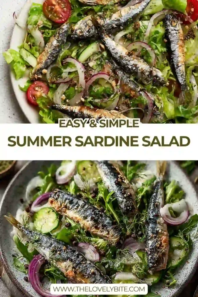This Summer Sardine Salad features crisp greens topped with tender sardines, capers, cucumber, and herbs. The fresh lemon dressing adds a bright finish to this easy and protein-packed salad recipe.